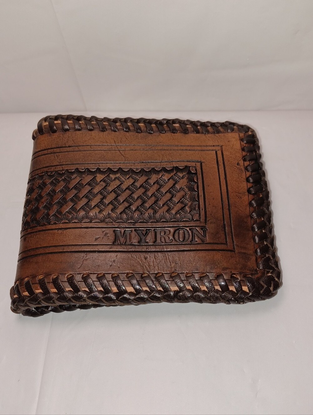 Brown Leather Men’s Wallet - Hand-Tooled Bifold. MYRON Embossed On Front - Picture 2 of 10